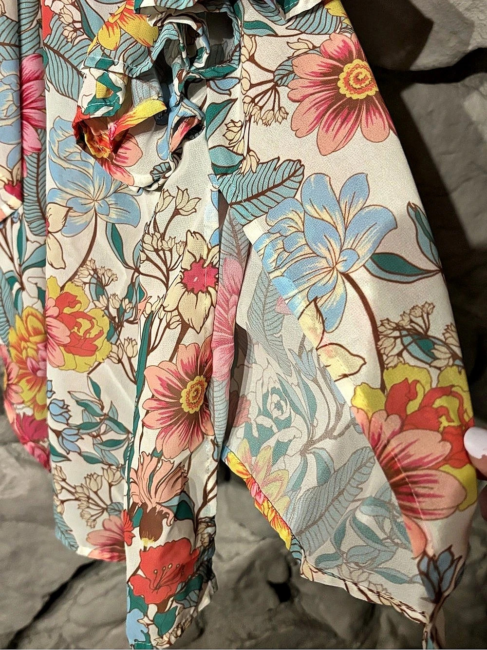 Umgee Floral Print Ruffle Sleeve Open Front Kimono Cardigan Blouse Blue & Pink - Picture 5 of 6